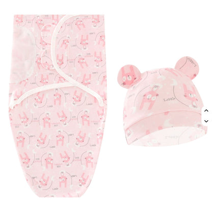 Baby Swaddle Blanket & Hat Set Pink Bunny Print Cotton Newborn Infant Gift