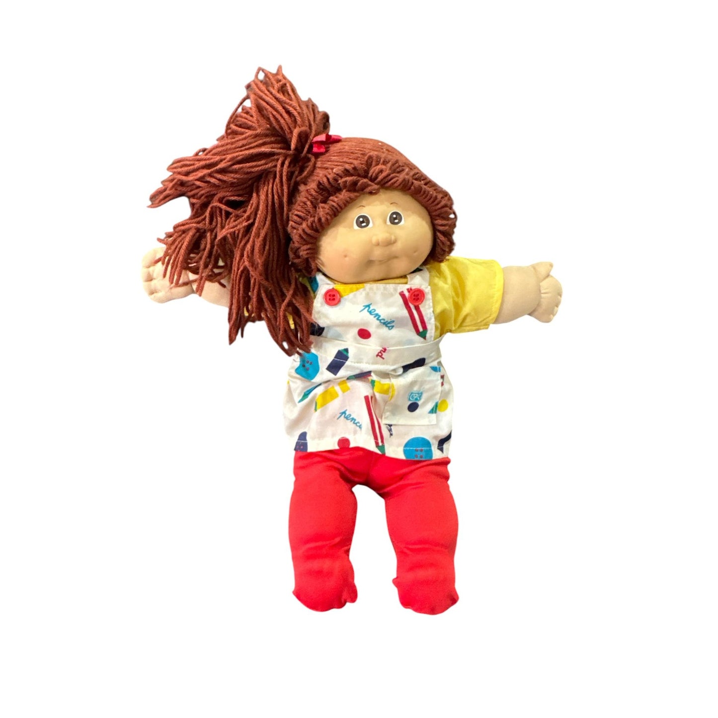 Vintage Cabbage Patch Kids Doll With Red Yarn Hair, Yellow Outfit & Printed Apron
