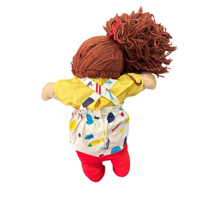 Vintage Cabbage Patch Kids Doll With Red Yarn Hair, Yellow Outfit & Printed Apron
