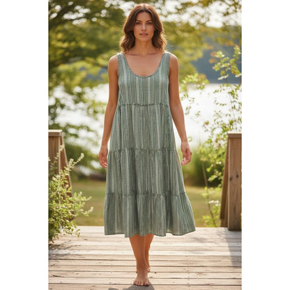 Striped Sleeveless Maxi Dress With Tiered Design By Stitchdrop In Green & White XL