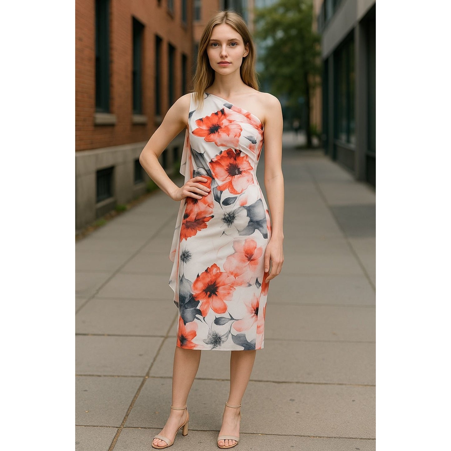 Floral One-Shoulder Midi Dress With Draped Detail By Marina Size 16