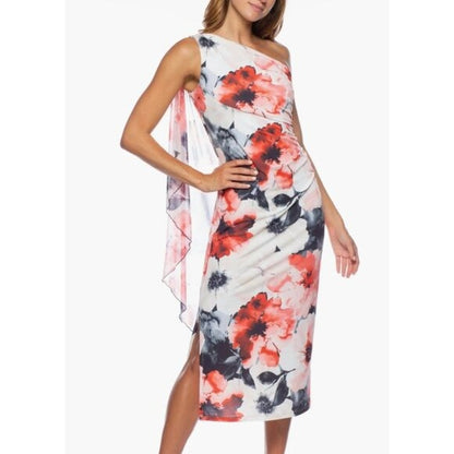 Floral One-Shoulder Midi Dress With Draped Detail By Marina Size 16