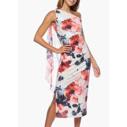Floral One-Shoulder Midi Dress With Draped Detail By Marina Size 16