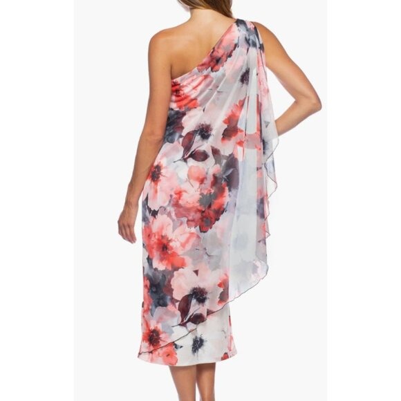 Floral One-Shoulder Midi Dress With Draped Detail By Marina Size 16