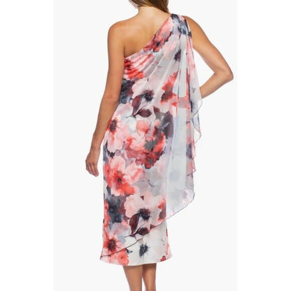 Floral One-Shoulder Midi Dress With Draped Detail By Marina Size 16