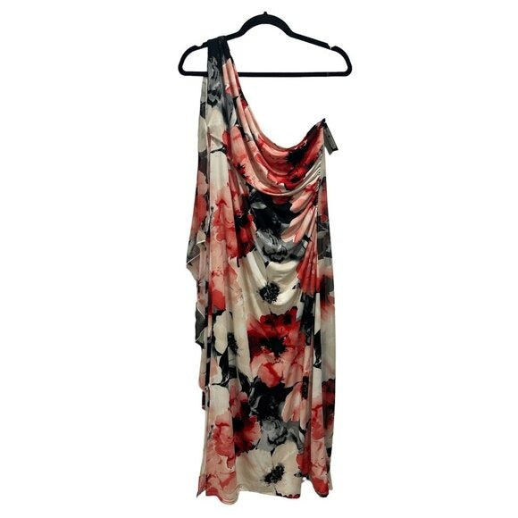 Floral One-Shoulder Midi Dress With Draped Detail By Marina Size 16