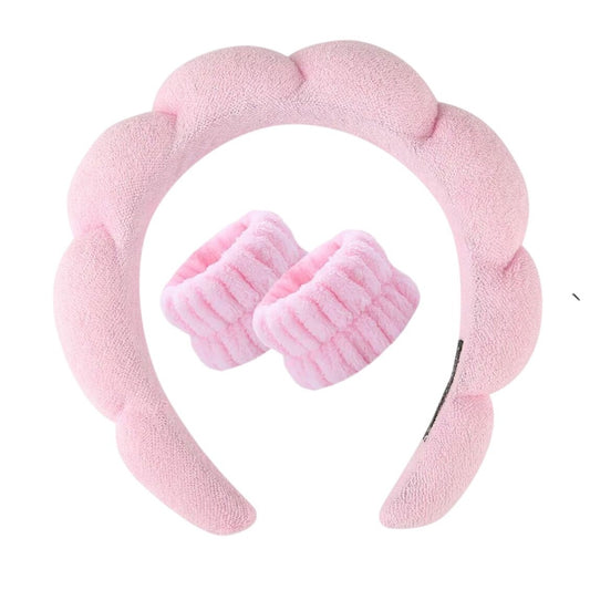 Mapicmnt Pink Plush Makeup Headband & Wristbands Set For Spa Skincare Or Beauty Routines