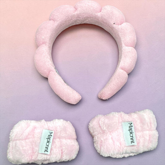 Mapicmnt Pink Plush Makeup Headband & Wristbands Set For Spa Skincare Or Beauty Routines