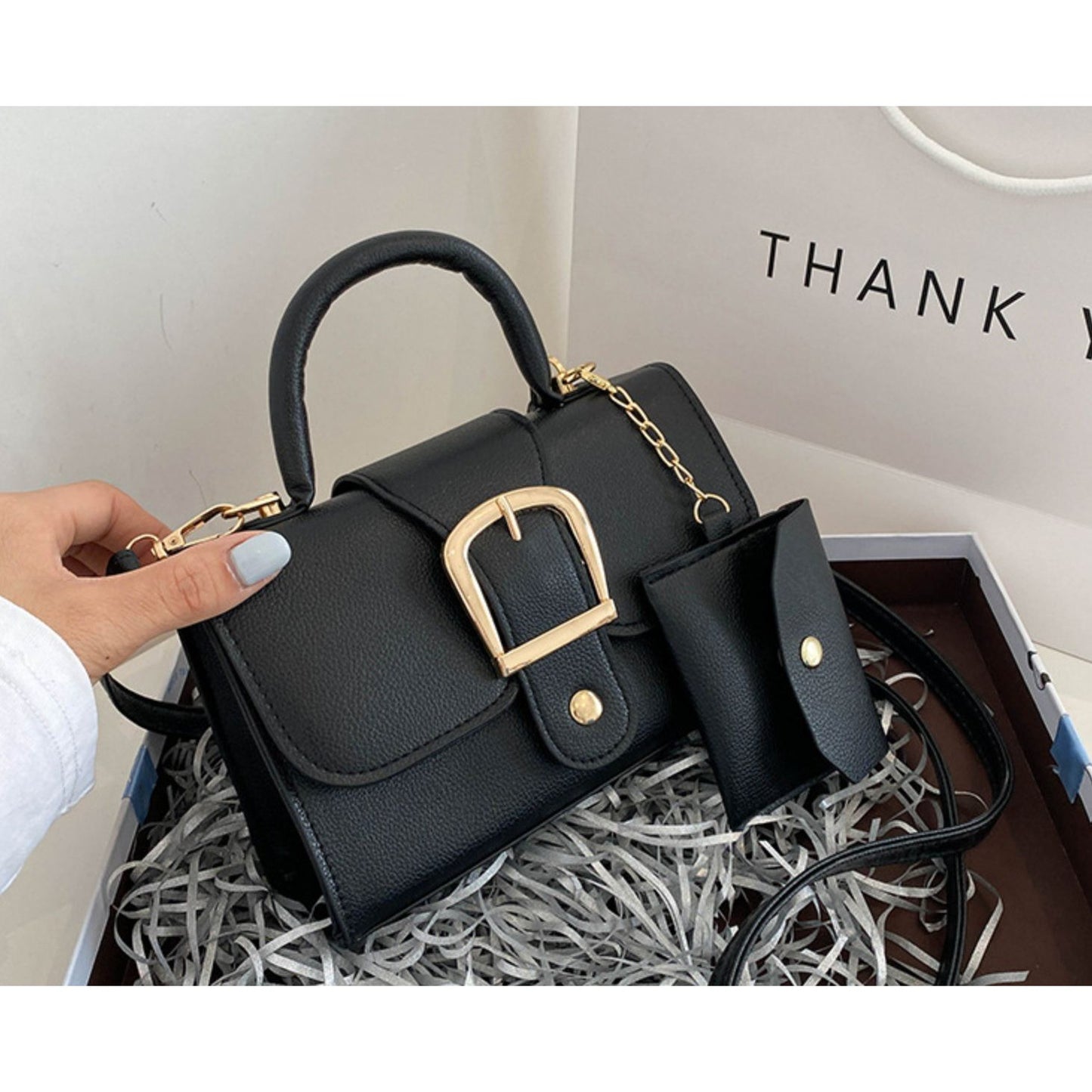 Black Mini Handbag With Gold Buckle & Detachable Pouch Top Handle & Crossbody Strap