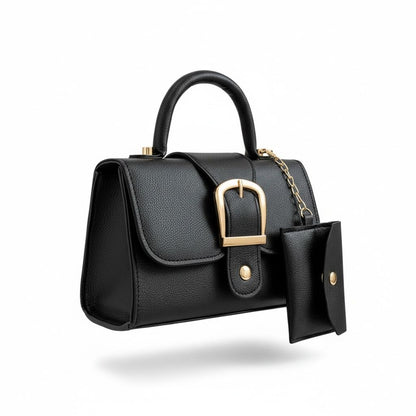 Black Mini Handbag With Gold Buckle & Detachable Pouch Top Handle & Crossbody Strap
