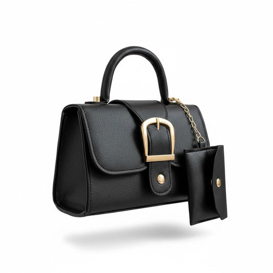 Black Mini Handbag With Gold Buckle & Detachable Pouch Top Handle & Crossbody Strap