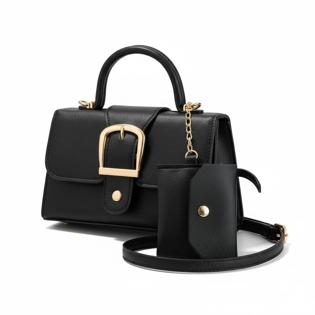 Black Mini Handbag With Gold Buckle & Detachable Pouch Top Handle & Crossbody Strap