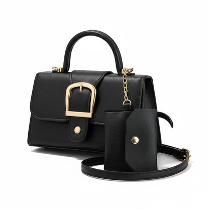 Black Mini Handbag With Gold Buckle & Detachable Pouch Top Handle & Crossbody Strap
