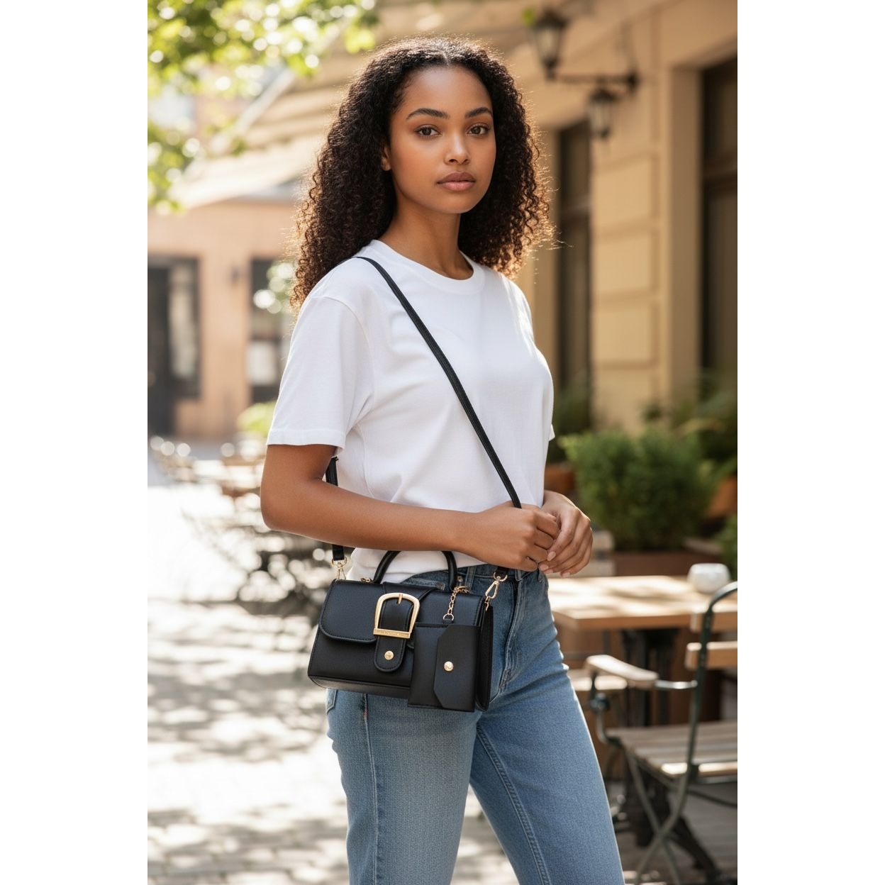 Black Mini Handbag With Gold Buckle & Detachable Pouch Top Handle & Crossbody Strap
