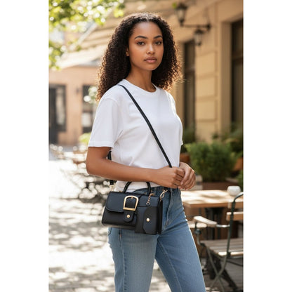 Black Mini Handbag With Gold Buckle & Detachable Pouch Top Handle & Crossbody Strap