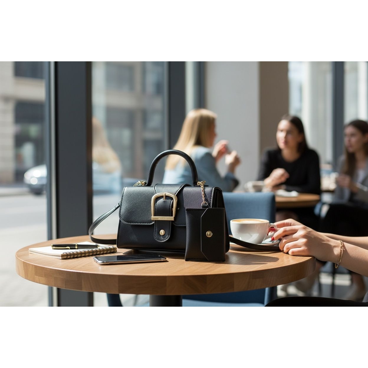 Black Mini Handbag With Gold Buckle & Detachable Pouch Top Handle & Crossbody Strap