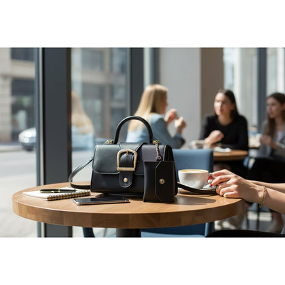 Black Mini Handbag With Gold Buckle & Detachable Pouch Top Handle & Crossbody Strap