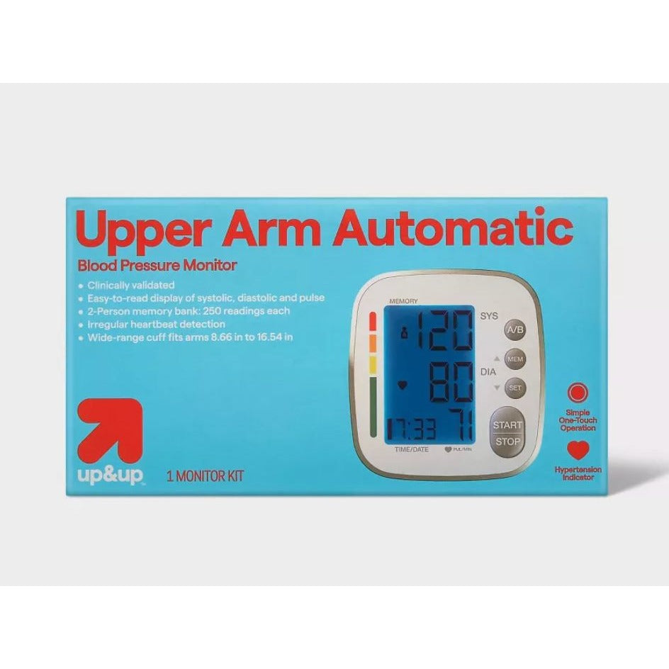 Upper Arm Automatic Blood Pressure Monitor By Up & Up Clinically Validated Wide-Range Cuff 2-Person Memory Bank Hypertension Indicator