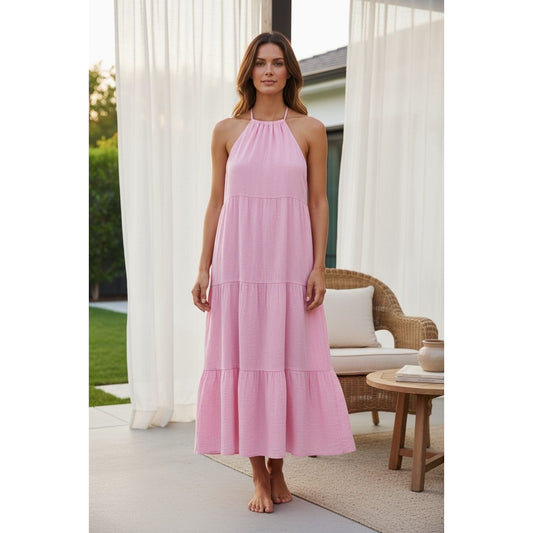 Steve Madden Women's Pink Halter Maxi Dress Size M Tiered Design Lightweight Fabric