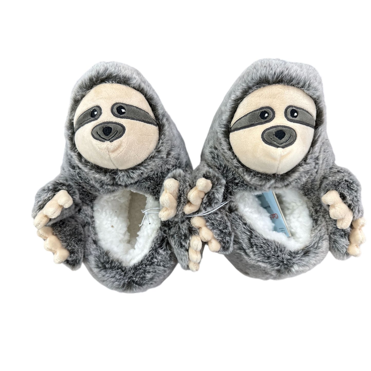 Cat & Jack Kids Sloth Plush Slippers Size S (13/1) Faux Fur Outer Non-Slip Sole Cozy Sherpa Lining Gray & Beige