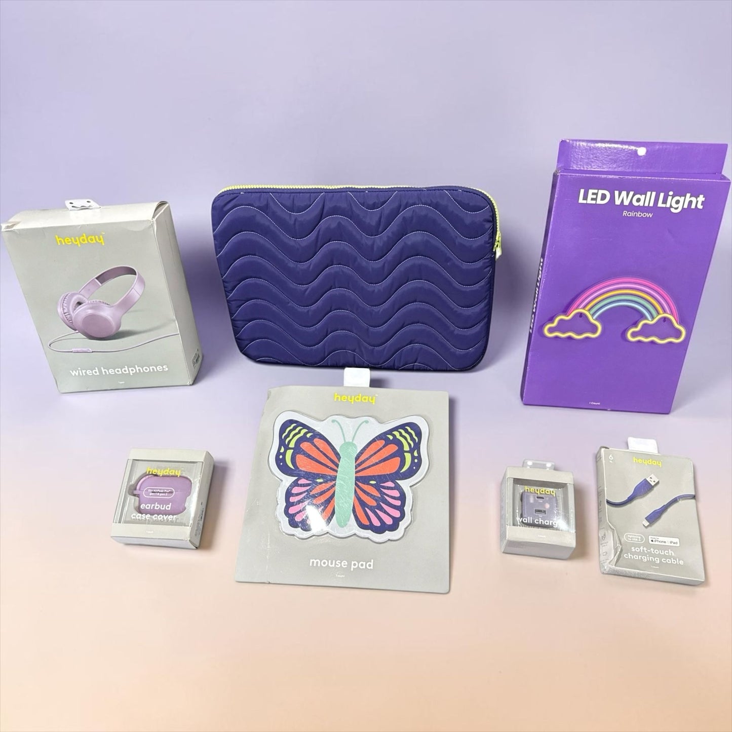 Heyday Wired Headphones, LED Rainbow Wall Light, Charging Cable, Cable Wall Charger, earbud case cover, Mouse Pad & Laptop Sleeve Bundle