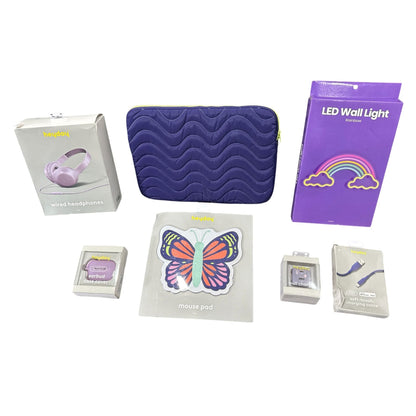 Heyday Wired Headphones, LED Rainbow Wall Light, Charging Cable, Cable Wall Charger, earbud case cover, Mouse Pad & Laptop Sleeve Bundle