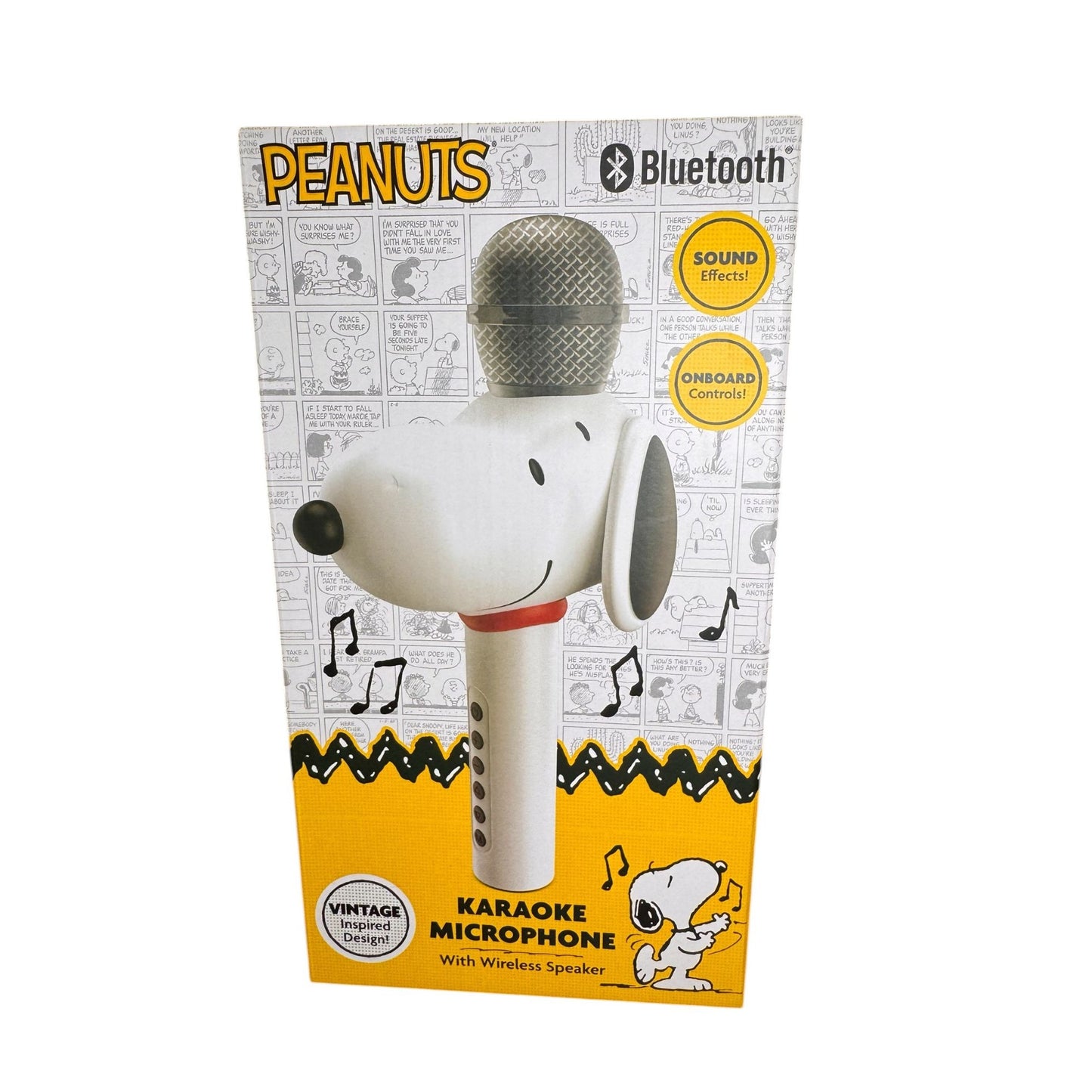 Peanuts Snoopy Karaoke Microphone With Wireless Speaker Bluetooth Rechargeable Battery Onboard Controls FM Radio Yellow Box Design