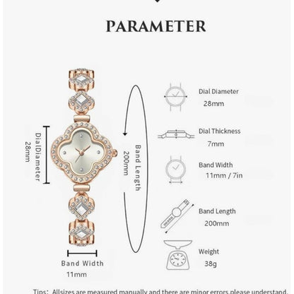 Luxury Rose Gold Crystal Bracelet Watch For Women Clover Dial 28mm Diameter 200mm Band