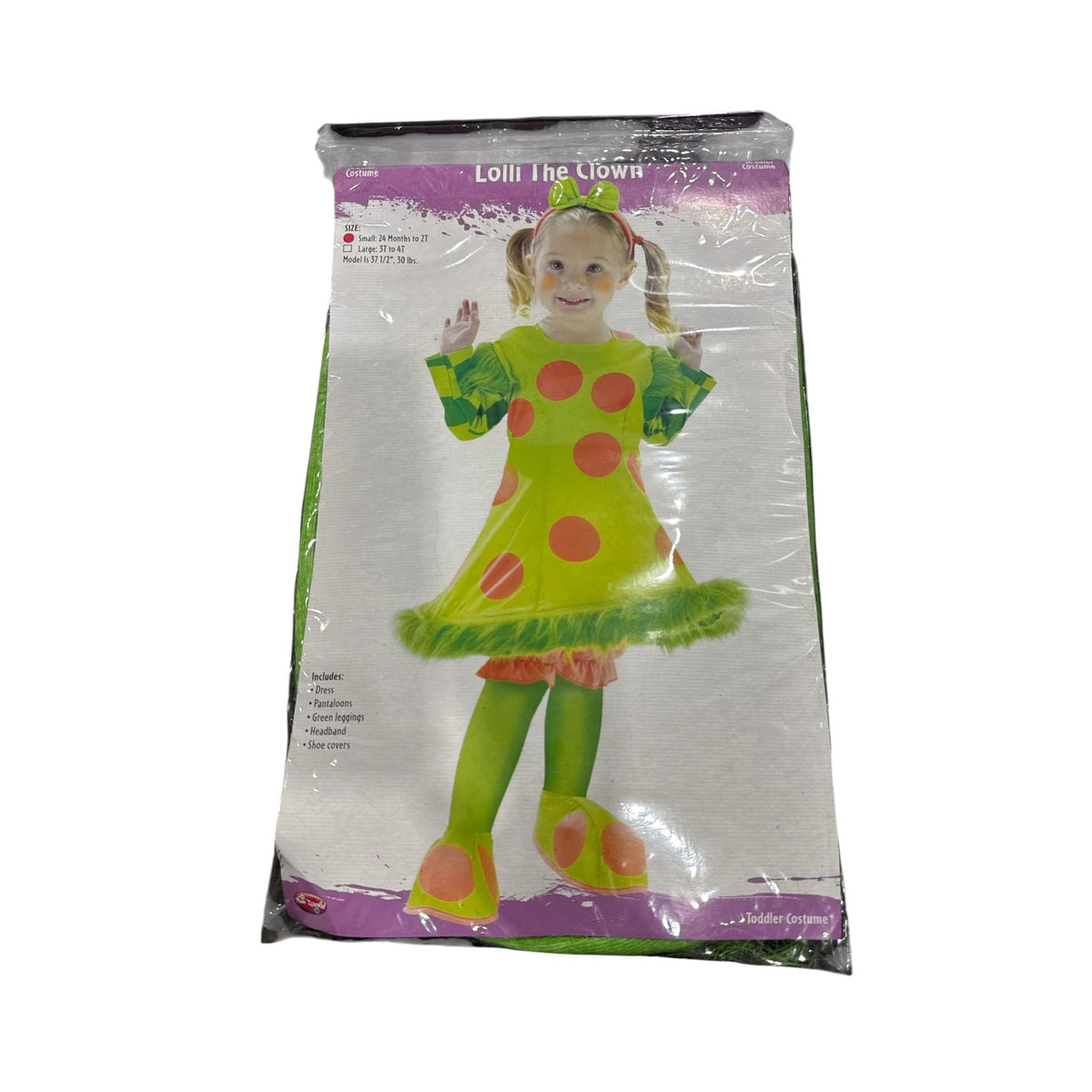 Lolli The Clown Toddler Costume With Dress Pantaloons Green Leggings Headband & Shoe Covers Size Small 24 Months To 2T