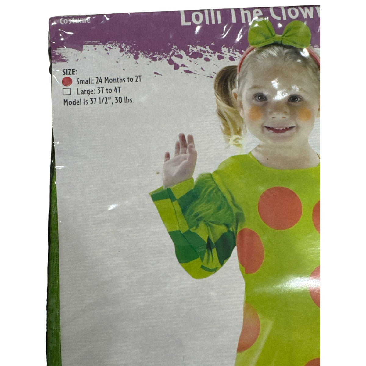 Lolli The Clown Toddler Costume With Dress Pantaloons Green Leggings Headband & Shoe Covers Size Small 24 Months To 2T