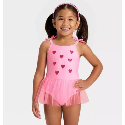 Cat & Jack Girls Pink Tulle One Piece Swimsuit With Glitter Hearts Design Size 5T