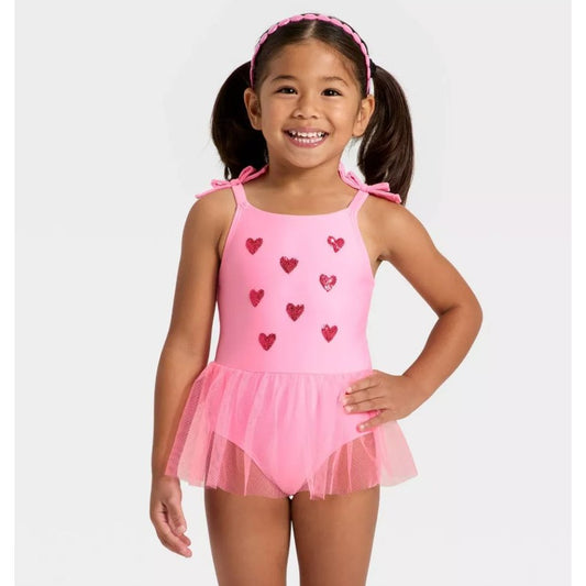 Cat & Jack Girls Pink Tulle One Piece Swimsuit With Glitter Hearts Design Size 5T