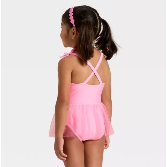 Cat & Jack Girls Pink Tulle One Piece Swimsuit With Glitter Hearts Design Size 5T