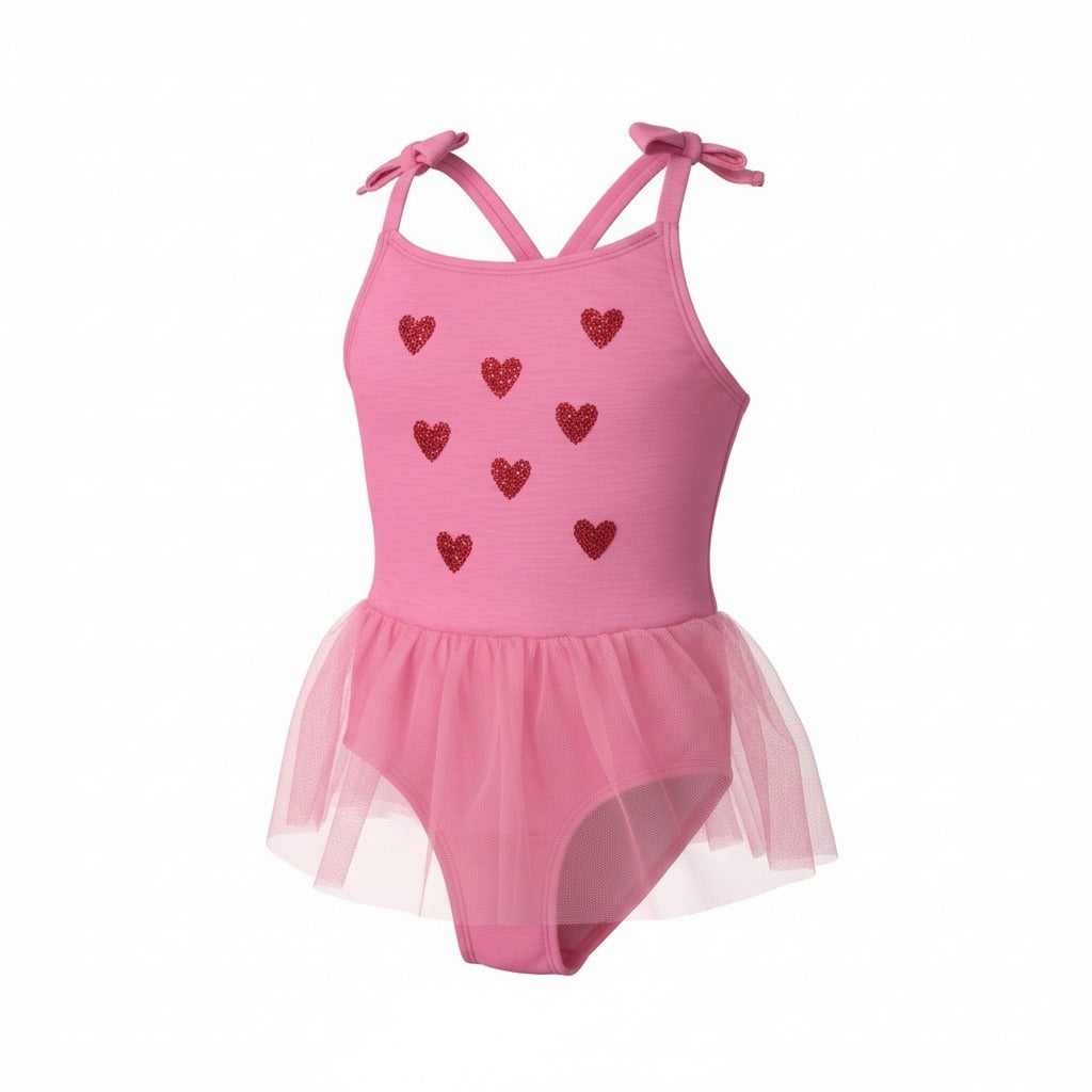 Cat & Jack Girls Pink Tulle One Piece Swimsuit With Glitter Hearts Design Size 5T