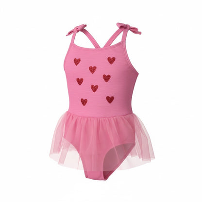 Cat & Jack Girls Pink Tulle One Piece Swimsuit With Glitter Hearts Design Size 5T