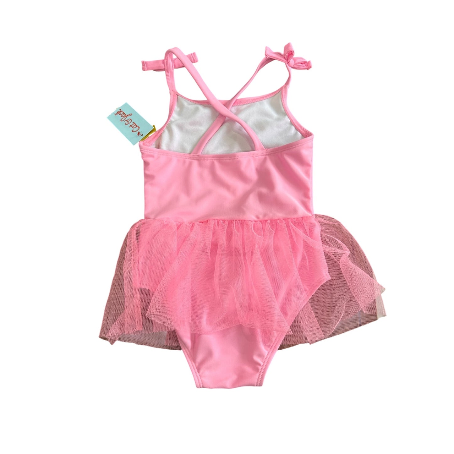 Cat & Jack Girls Pink Tulle One Piece Swimsuit With Glitter Hearts Design Size 5T