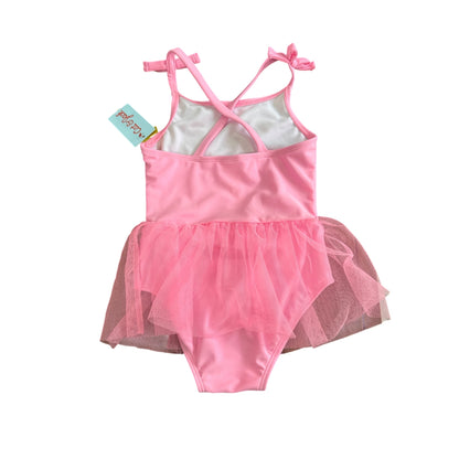 Cat & Jack Girls Pink Tulle One Piece Swimsuit With Glitter Hearts Design Size 5T