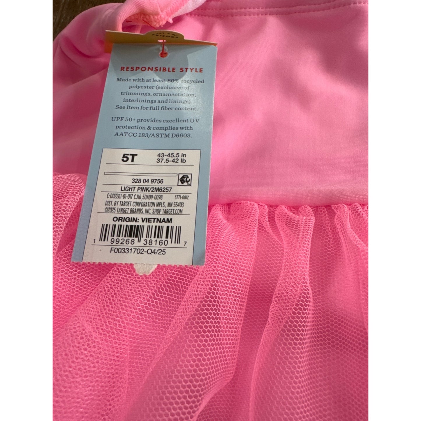 Cat & Jack Girls Pink Tulle One Piece Swimsuit With Glitter Hearts Design Size 5T