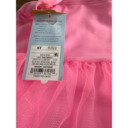 Cat & Jack Girls Pink Tulle One Piece Swimsuit With Glitter Hearts Design Size 5T