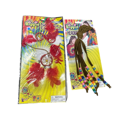 Hippie Necklace & Earring Set And Beaded Headband Costume Accessories