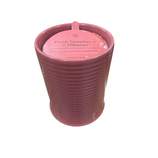 Fresh Strawberry & Hibiscus Scented Candle In Ribbed Pink Ceramic Jar 14oz