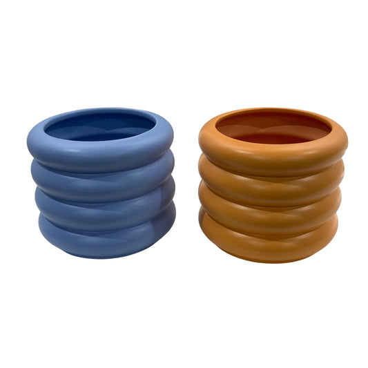 Modern Ceramic Planters Set Of 2 Blue & Orange Indoor/Outdoor Pots With Drainage Holes