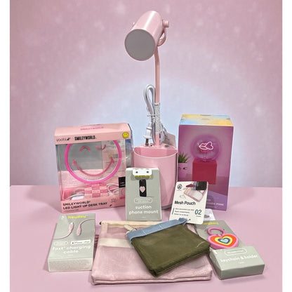 Pink Desk Accessories Set: LED Lamp, Light-Up Tray, Lip Filament Bulb, Fast Charging Cable, Mesh Pouch, Phone Mount, & Keychain