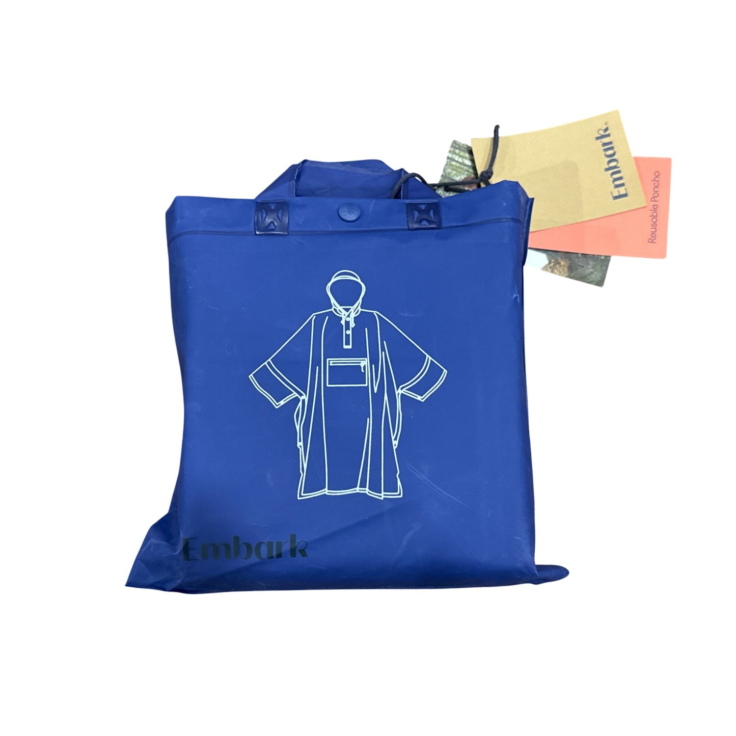 Reusable Blue Hooded Rain Poncho With Front Pocket By Embark One Size Fits Most Lightweight & Packable Design