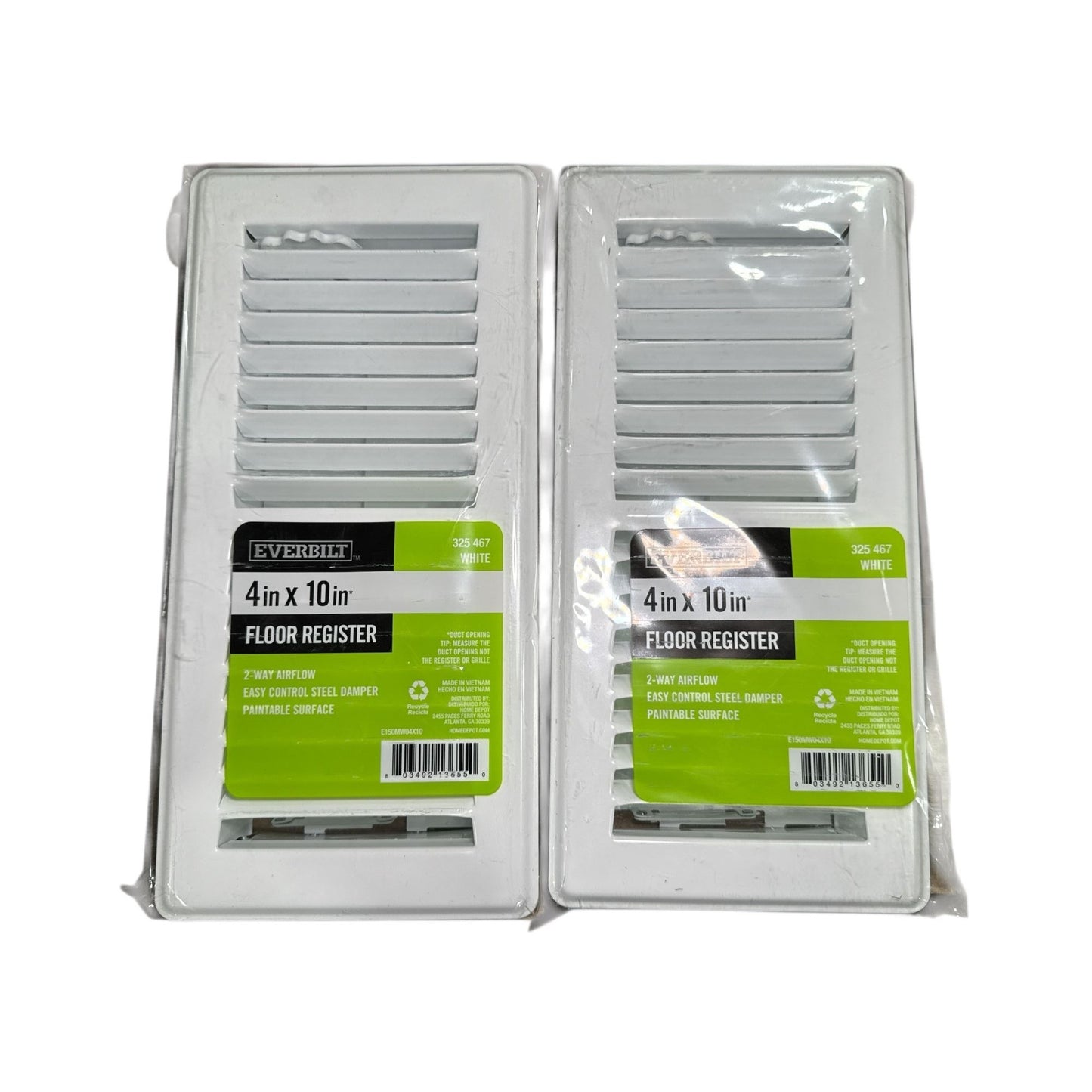 Everbilt 4 In. X 10 In. White Steel Floor Register (2-Pack) 2-Way Airflow Easy Control Damper Paintable Surface