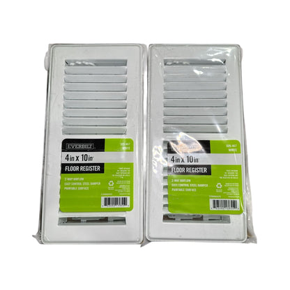 Everbilt 4 In. X 10 In. White Steel Floor Register (2-Pack) 2-Way Airflow Easy Control Damper Paintable Surface