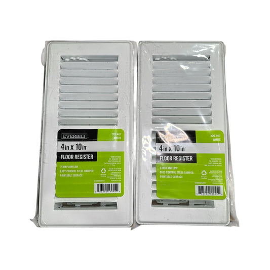 Everbilt 4 In. X 10 In. White Steel Floor Register (2-Pack) 2-Way Airflow Easy Control Damper Paintable Surface