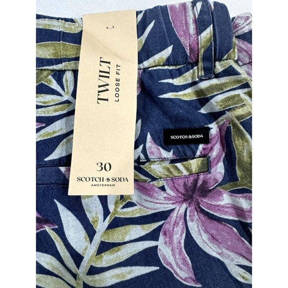 Scotch & Soda Mens Twill Loose Fit Indigo Floral Shorts Size 30 Navy Pink Green