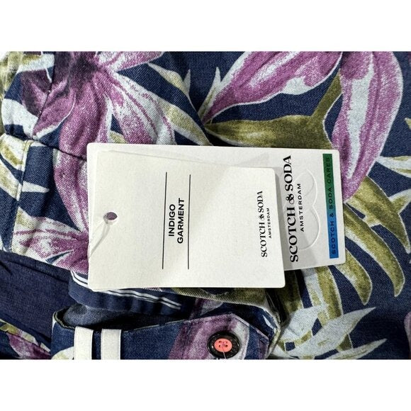 Scotch & Soda Mens Twill Loose Fit Indigo Floral Shorts Size 30 Navy Pink Green