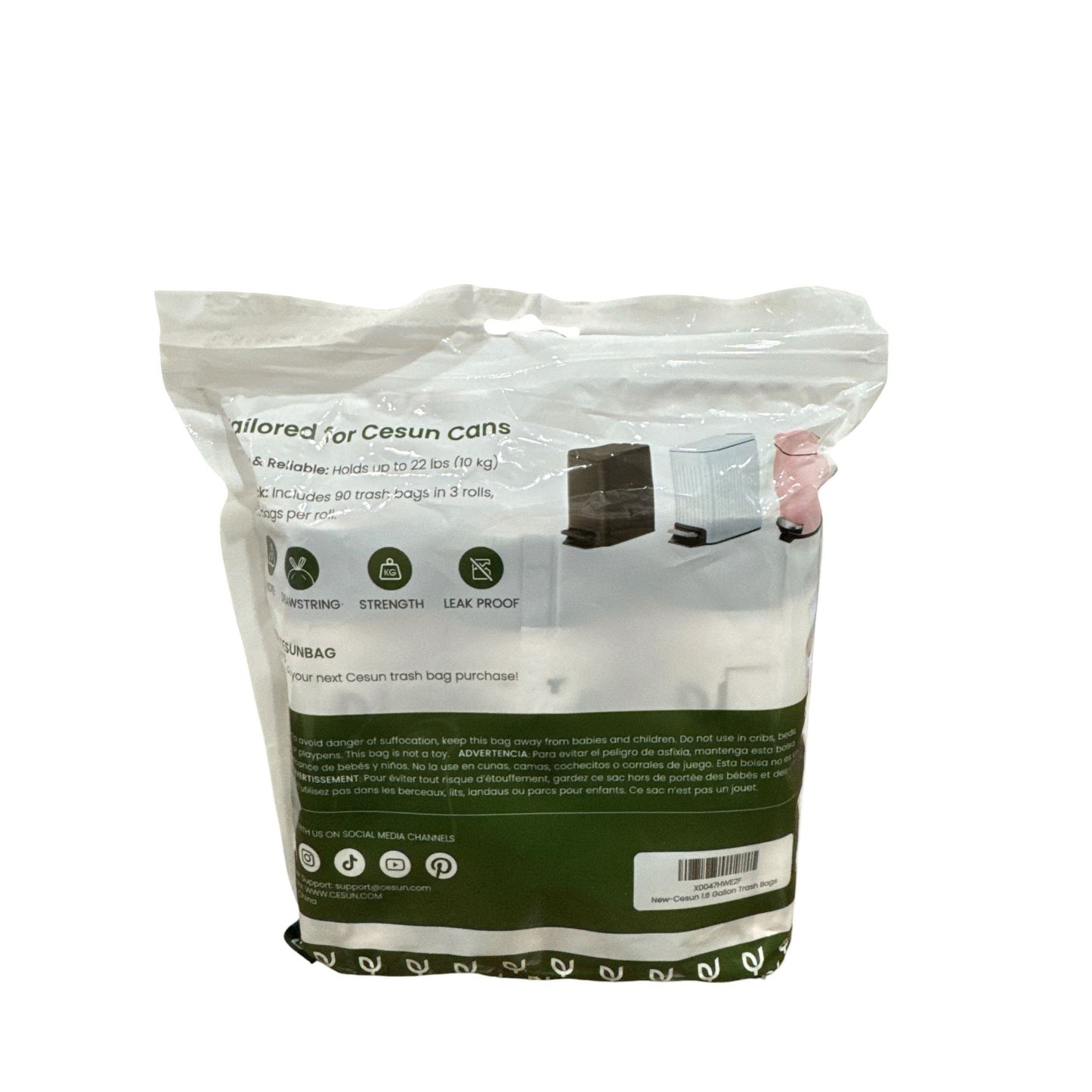 Cesun 1.6 Gallon Trash Bags With Drawstring Closure Leak-Proof Durable And Reliable Includes 90 Bags In 3 Rolls